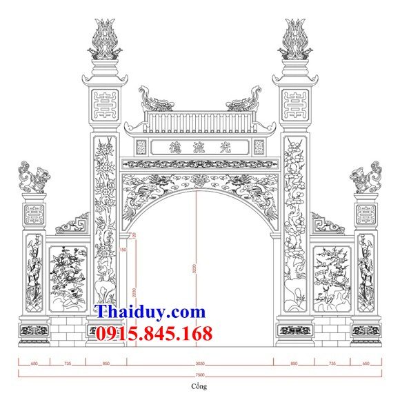 Bản vẽ thiết kế 3D cổng tam quan tứ trụ khu lăng mộ bằng đá kích thước phong thủy