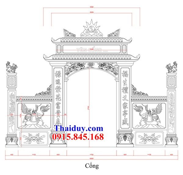 Bản vẽ thiết kế cổng tứ trụ tam quan đình đền chùa miếu bằng đá kích thước chuẩn phong thủy đẹp
