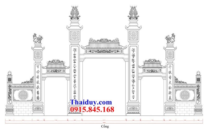 Bản vẽ thiết kế cổng tứ trụ tam quan nhà thờ họ từ đường bằng đá thiết kế hiện đại đẹp