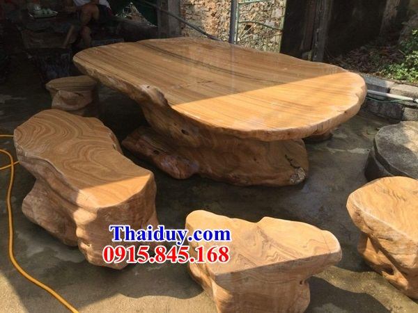 08 Bộ bàn ghế sân vườn biệt thự tiểu cảnh bằng đá vàng nguyên khối đẹp bán tại Thái Bình