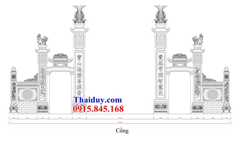 Bản vẽ cổng tam quan đình chùa đền từ đường bằng đá bán báo giá toàn quốc