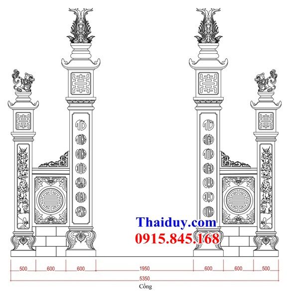 Bản vẽ 3D cổng tam quan tứ trụ đình đền chùa miếu bằng đá kích thước phong thủy đẹp nhất hiện nay