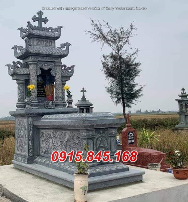 Mẫu 32 mộ công giáo đá granite đẹp phú yên - ốp chụp quây đôi tam cấp